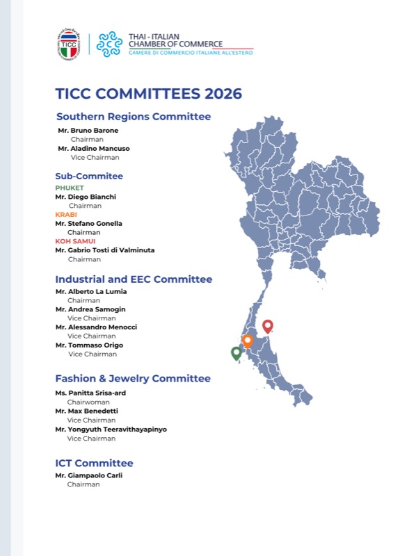 TICC Committees 2026: four committees, three southern sub-committees and their chairs, over a map of Thailand